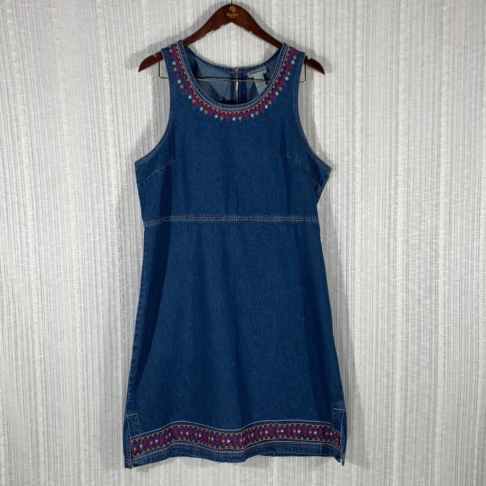Vintage 90s Embroidered Denim Jumper Dress - Sleeveless A-Line Tank Dress - LG
